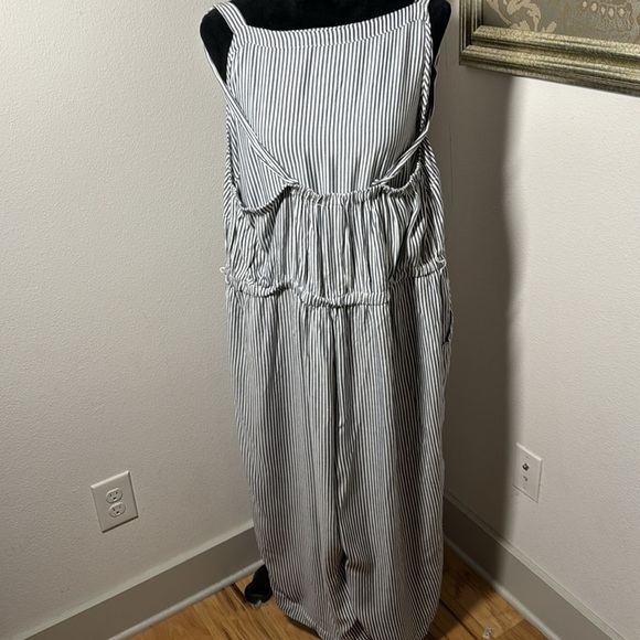 Square neck blue white stripe elastic waist crop wide leg jumpsuit Sz XXL - Picture 3 of 6